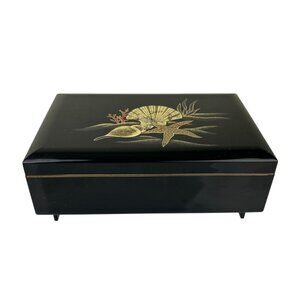 Otagiri Japan Lacquerware Black Shell Design Jewelry Music Trinket Box Vintage